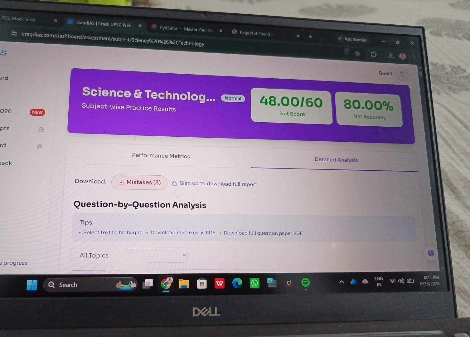 Shailja's practice dashboard, 26 June — 48 out of 60 net score, 80% net accuracy