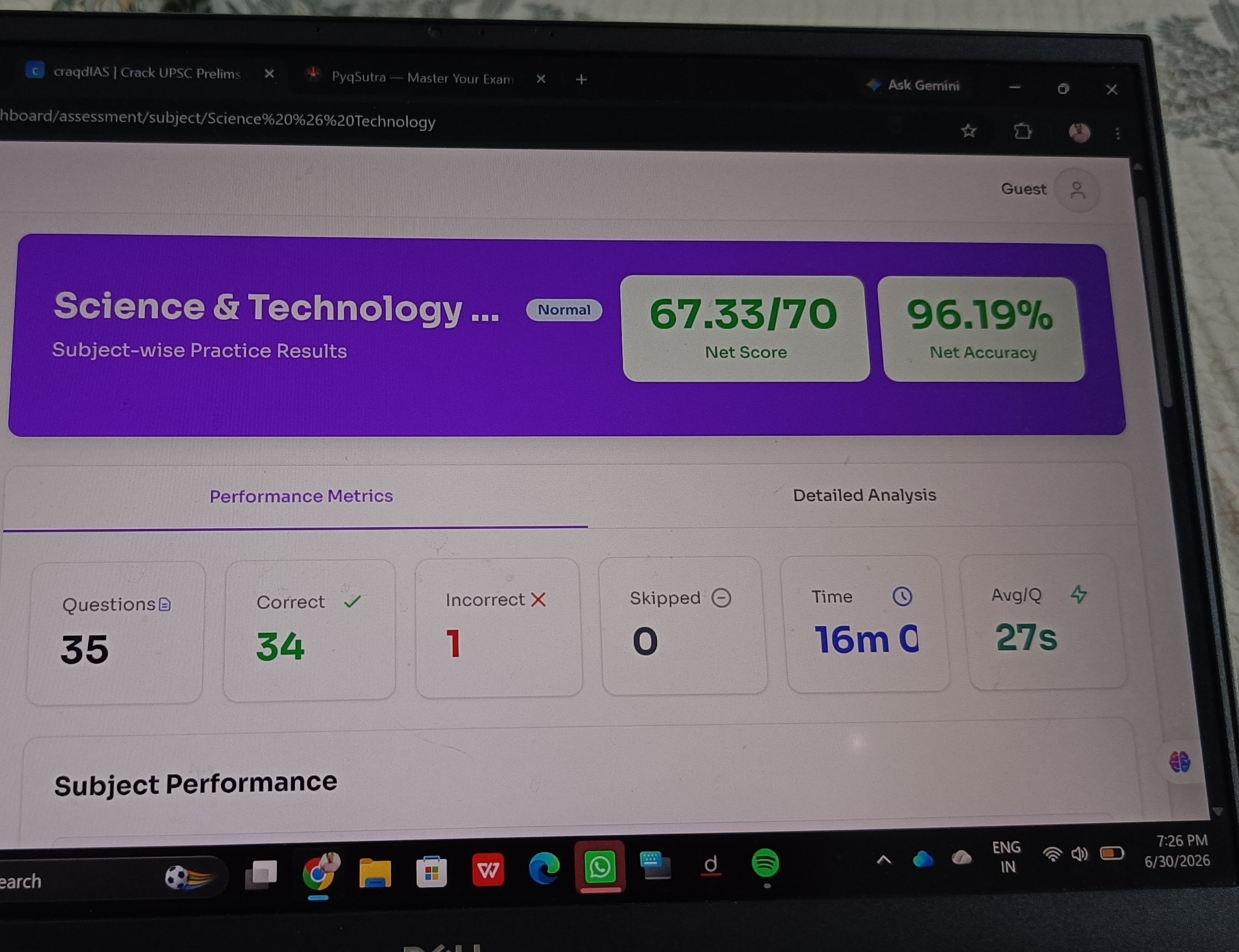 Shailja's practice dashboard, 30 June — 67.33 out of 70 net score, 96.19% net accuracy