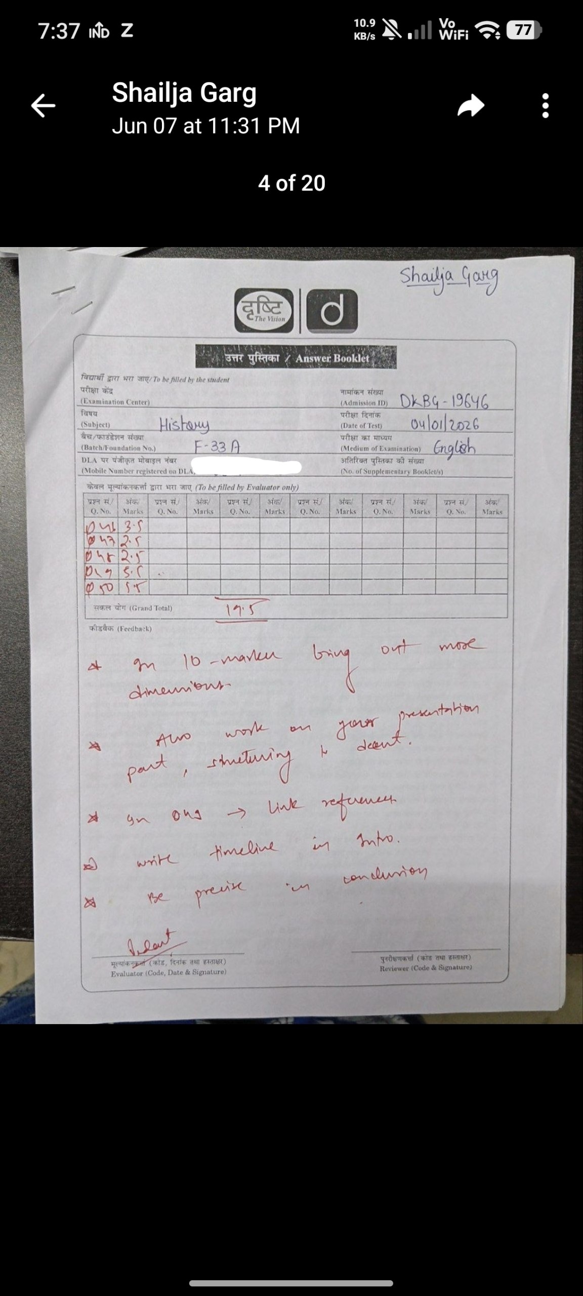 Shailja's History mains answer booklet — grand total 19.5 with evaluator's corrections in red ink